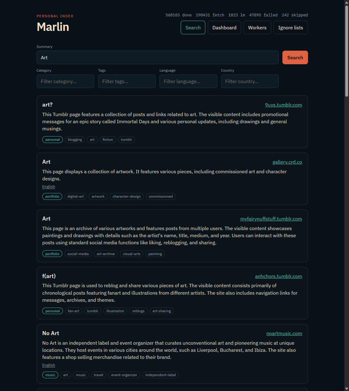 Search UI — query “Art”